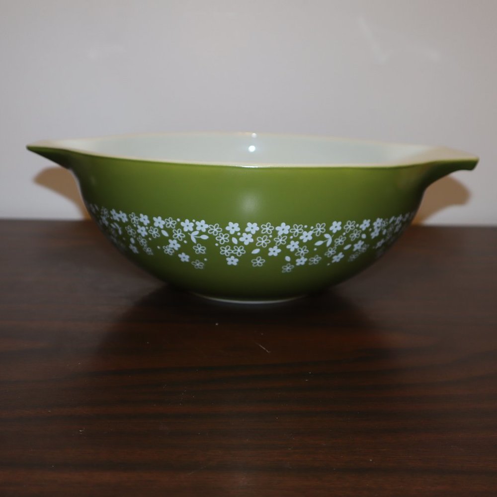 Crazy Daisy Olive Avocado Green CORNING NY USA PYREX Large Mixing Bowl Vintage